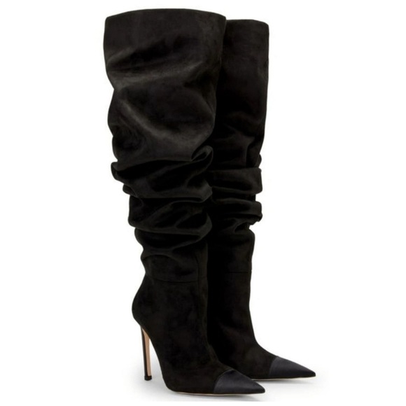 Good American | Slouchy Over-The-Knee Black Suede Stiletto Boots Size 6 - Picture 1 of 8